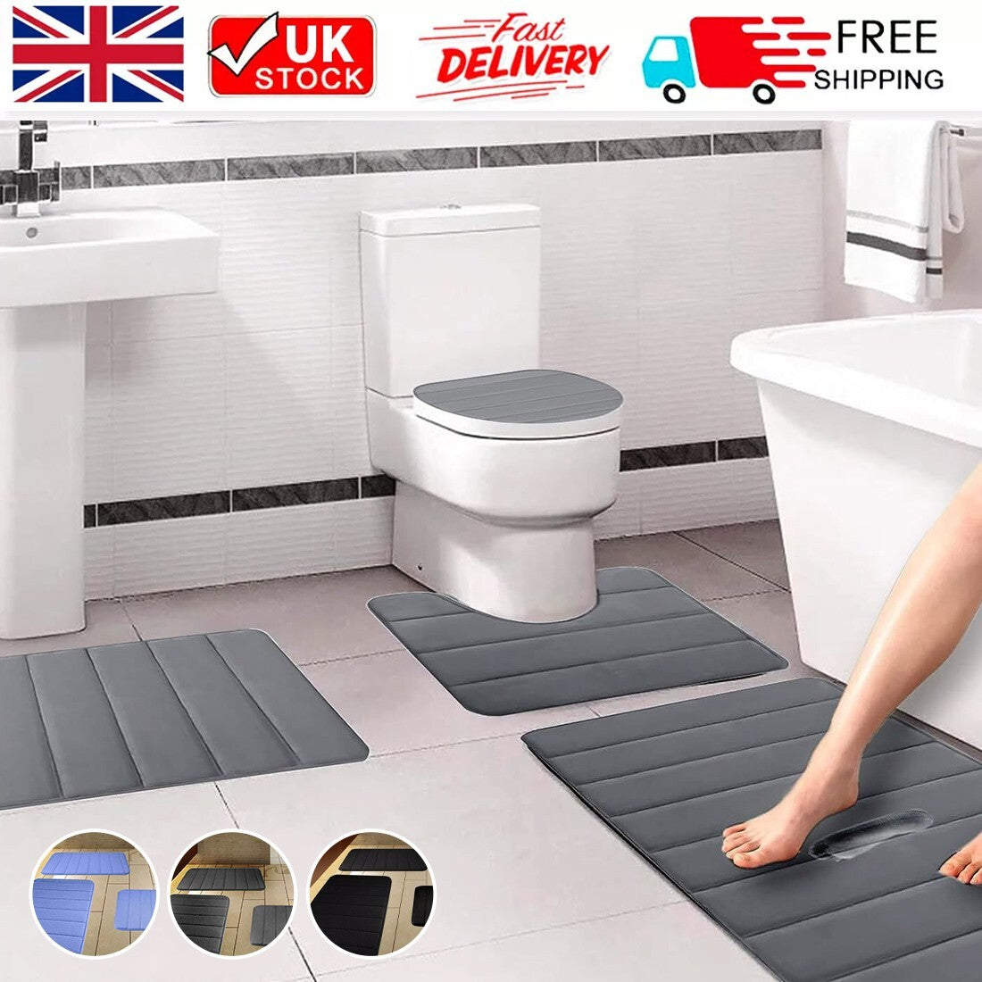 MEMORY FOAM BATH MAT PEDESTAL SET NON SLIP TOILET BATHROOM CONTOUR RUGS 3 PIECE--Grey