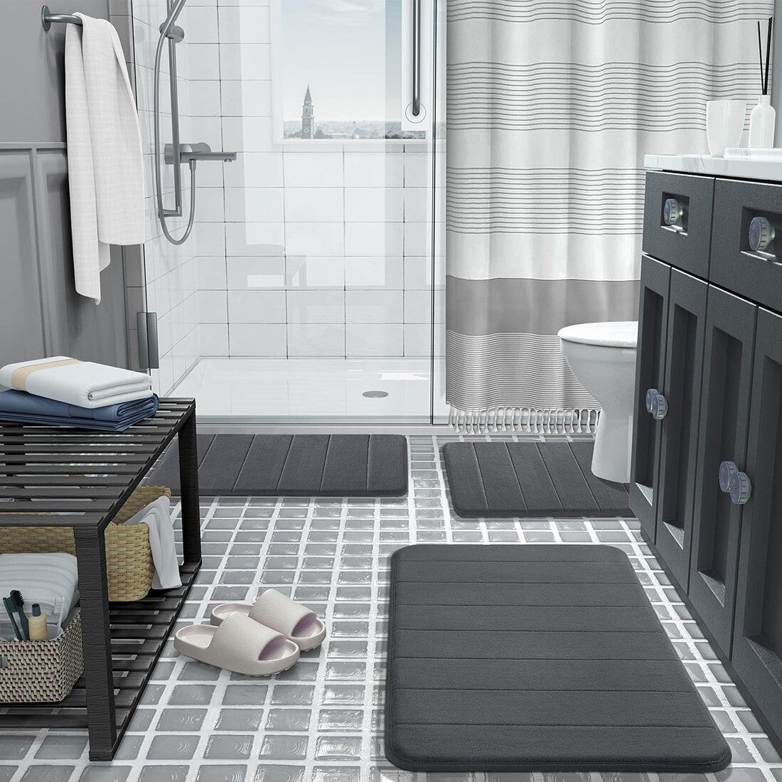 MEMORY FOAM BATH MAT PEDESTAL SET NON SLIP TOILET BATHROOM CONTOUR RUGS 3 PIECE--Grey