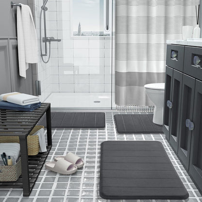 MEMORY FOAM BATH MAT PEDESTAL SET NON SLIP TOILET BATHROOM CONTOUR RUGS 3 PIECE--Grey