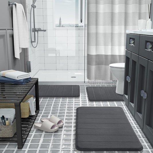 MEMORY FOAM BATH MAT PEDESTAL SET NON SLIP TOILET BATHROOM CONTOUR RUGS 3 PIECE--Grey